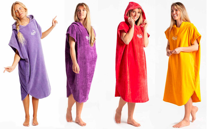 Women wearing Robie Original Changing Robe in purple, red, and yellow colors