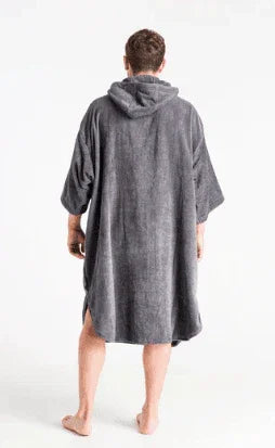 Robie Original Changing Robe in grey, knee-length with hood, displayed on a person from the back.