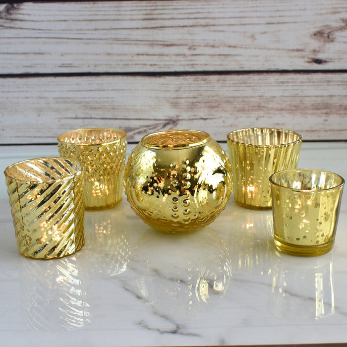 Royal Banquet Gold Mercury Glass Tea Light Votive Candle Holders (5 PACK, Assorted Designs and Sizes)