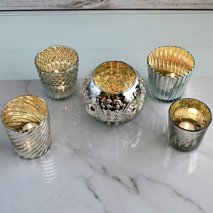 Royal Banquet Silver Mercury Glass Tea Light Votive Candle Holders (5 PACK, Assorted Designs and Sizes)