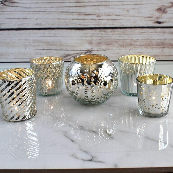 Royal Banquet Silver Mercury Glass Tea Light Votive Candle Holders (5 PACK, Assorted Designs and Sizes)