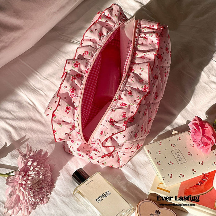 Ruffle Floral Cotton Makeup Bag - Ever Lasting