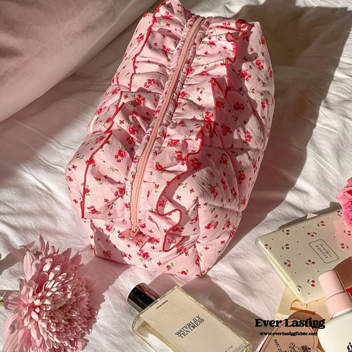 Ruffle Floral Cotton Makeup Bag - Ever Lasting
