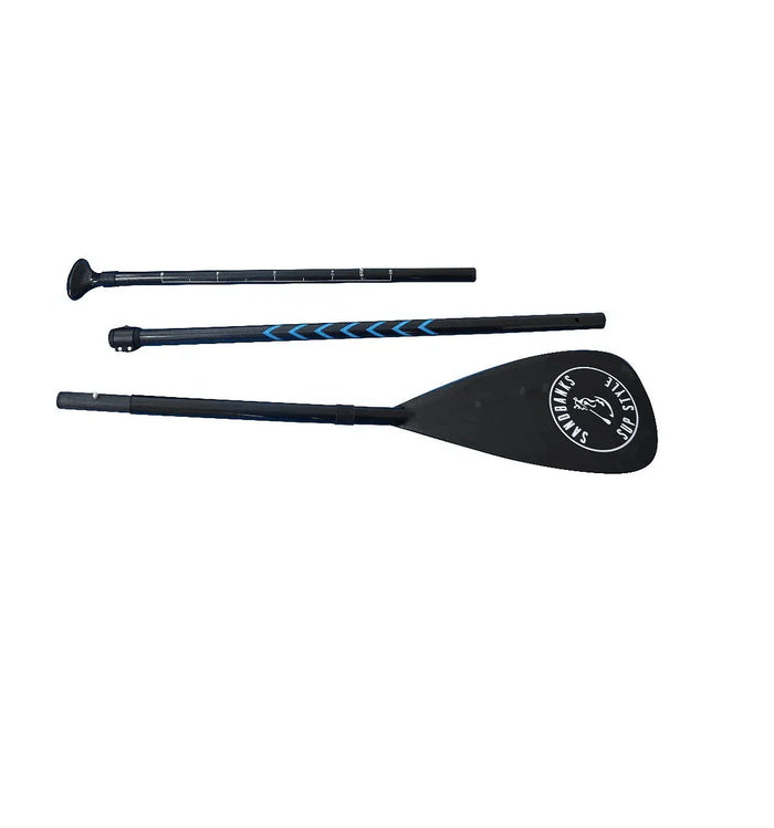 Sandbanks 100% Carbon 3 Piece SUP paddle with black blade and blue accents, disassembled