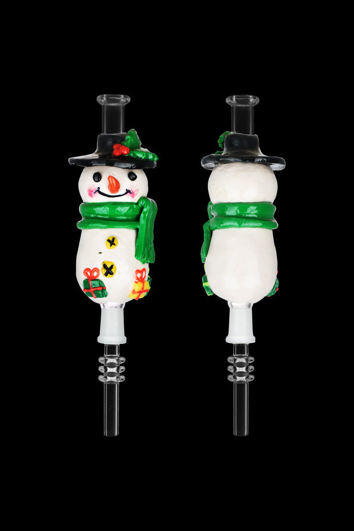 Glass oil rig attachment shaped like a snowman with green scarf and hat, displayed from front and side views on a black background.