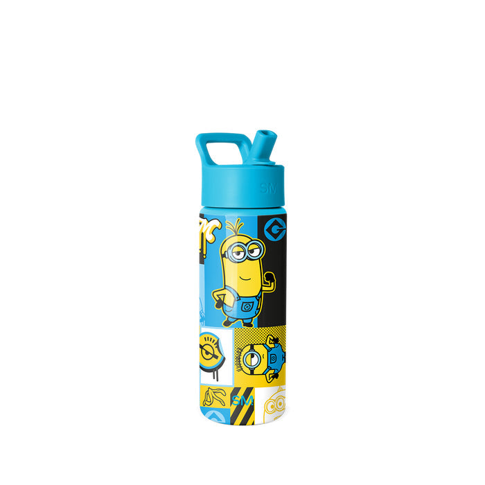 Turquoise Simple Modern water bottle with Minions characters, yellow accents, black panels, integrated straw cap and carry handle on white background.
