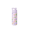 Pale lavender Simple Modern insulated water bottle with hot pink, yellow, green, and purple accents, screw-on cap with carry handle, and all-over cheerful pattern. Isolated on white background.
