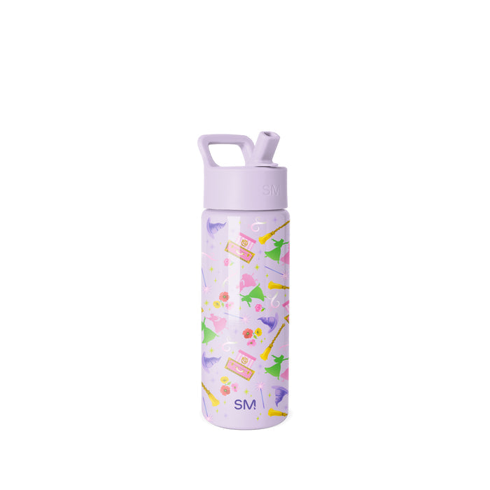 Pale lavender Simple Modern insulated water bottle with hot pink, yellow, green, and purple accents, screw-on cap with carry handle, and all-over cheerful pattern. Isolated on white background.