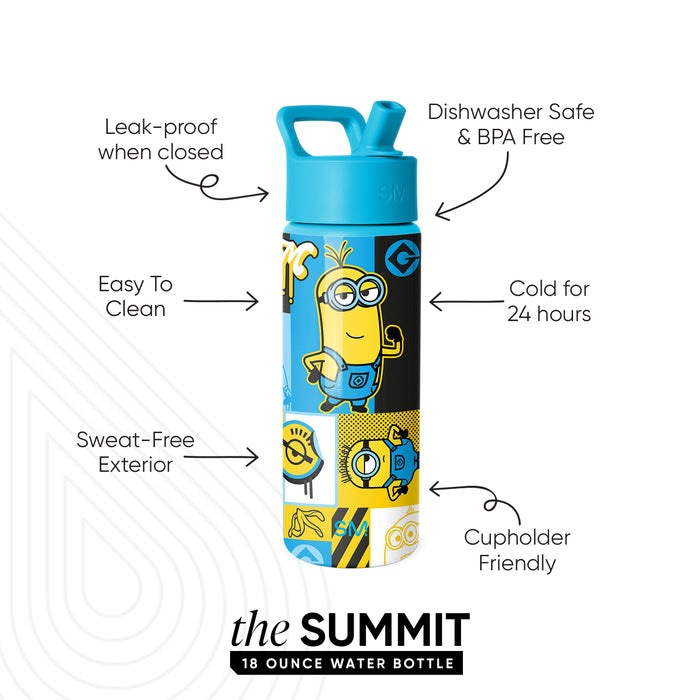 Simple Modern Summit 18 ounce water bottle with turquoise lid, black and yellow cartoon character design. Features callout arrows highlighting leak-proof, dishwasher safe, keeps drinks cold 24 hours, cupholder friendly,