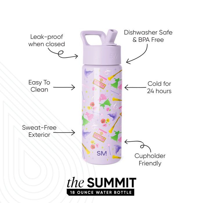 Lavender purple Simple Modern Summit 18 ounce water bottle with festive party illustrations, featuring leak-proof, dishwasher safe, cold for 24 hours, cupholder friendly, sweat-free, and easy to clean capabilities.