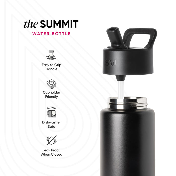 Black Simple Modern Summit water bottle with handle, straw lid, and silver base. Features: easy-grip handle, cupholder friendly, dishwasher safe, leak-proof when closed.