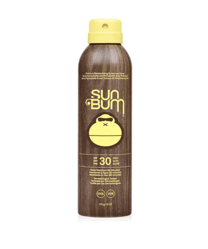 Sun Bum Original SPF 30 Sunscreen Spray brown bottle with yellow cap and logo