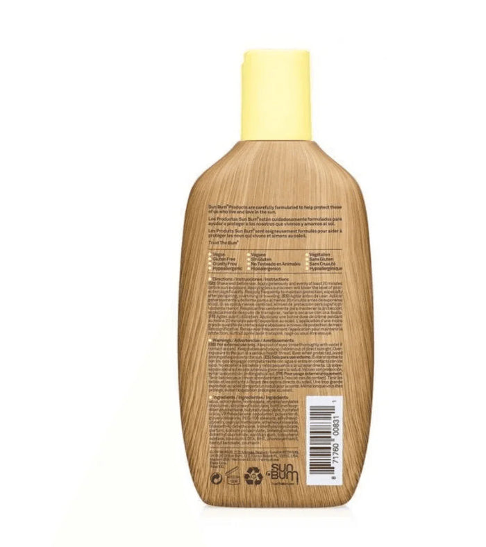 Back of Sun Bum Original SPF 50 sunscreen lotion bottle with yellow cap and product info.