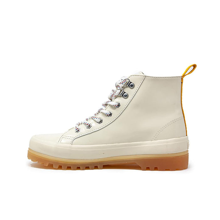 Beige leather women’s lace-up boots with yellow pull loop and chunky lug sole