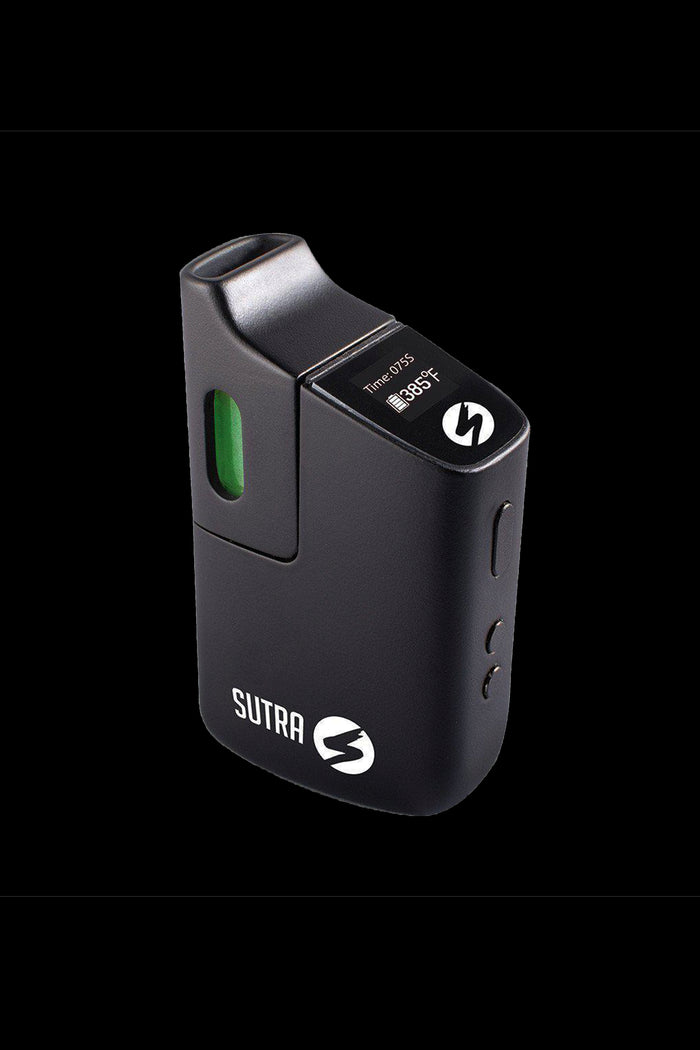 Black Sutra cannabis vaporizer with digital display showing time and temperature.