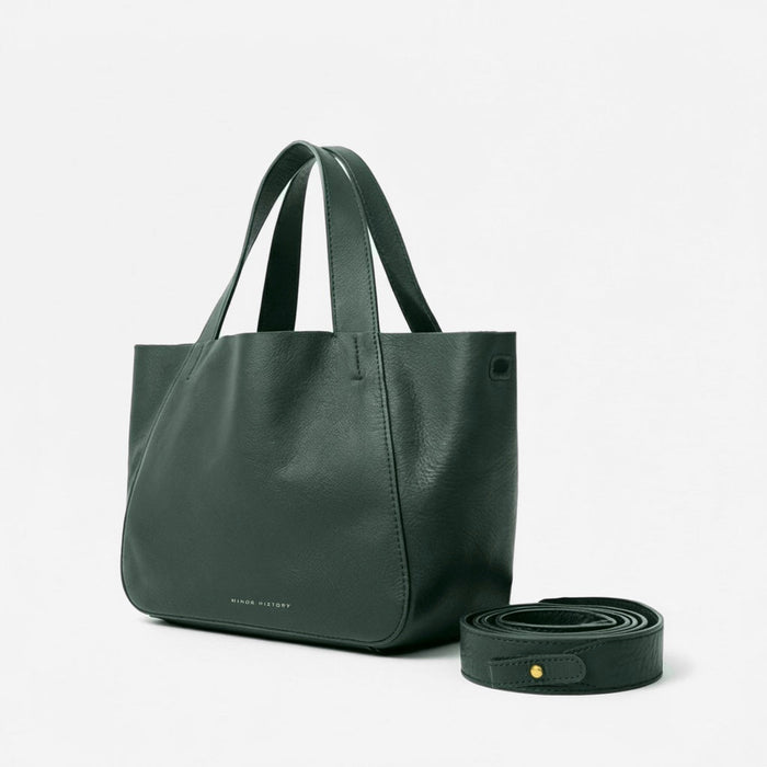 Minor History Little Times Tote in evergreen, with the strap detached