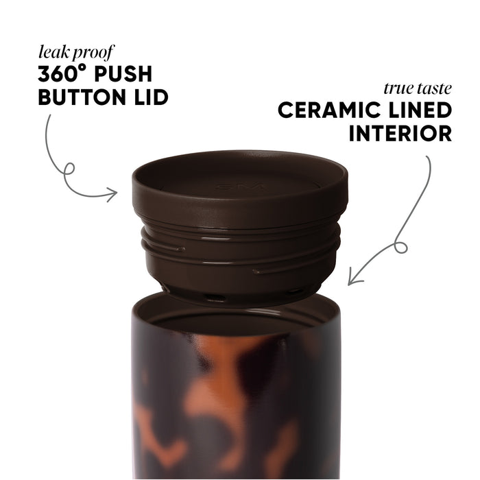 Simple Modern 360 tortoiseshell tumbler with dark brown push-button lid, ceramic-lined interior, and leak-proof design shown against white background with feature callouts.