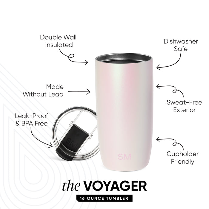 Simple Modern VOYAGER 16-ounce insulated tumbler in pale pink with charcoal lid, shown with detachable leak-proof lid. Features callouts highlight double-wall insulated, dishwasher safe, sweat-free, cupholder friendly,