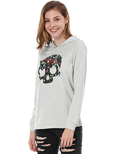 Women Floral Skull Print Pullover Hoodie Sweatshirt