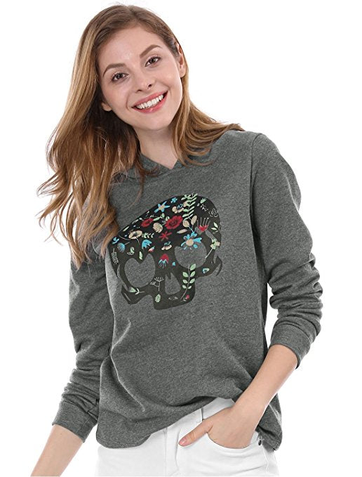 Women Floral Skull Print Pullover Hoodie Sweatshirt