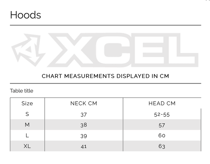 Xcel Axis wetsuit hood 2mm size chart showing neck and head measurements in cm