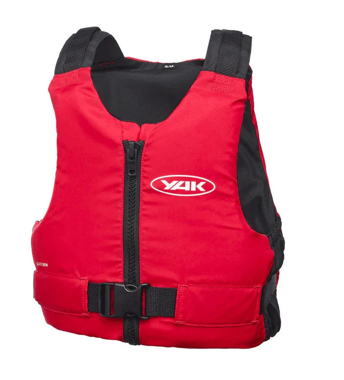 Yak Blaze red buoyancy aid with front zip and black buckle, displayed upright.